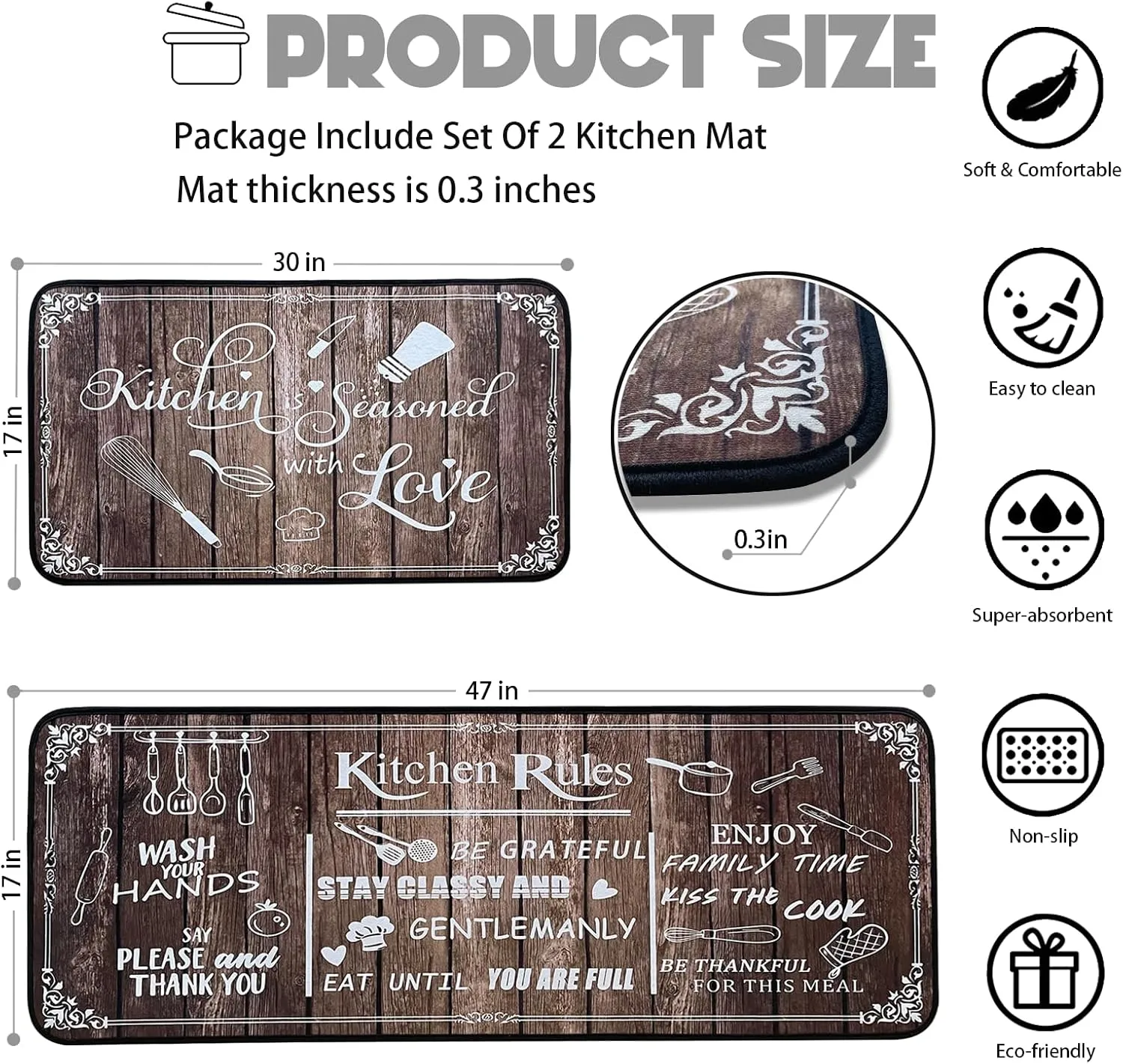 Brown Kitchen Rugs, Anti-Fatigue Kitchen Mats Set of 2, 17"x30" & 17"x47"