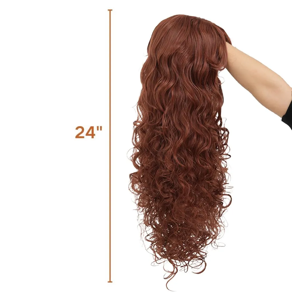 Brown Long Curly Wavy Wigs with Bangs Natural Looking Princess Synthetic Heat Resistant Fiber Women Wigs for Cosplay Daily Use
