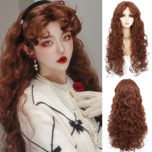 Brown Long Curly Wavy Wigs with Bangs Natural Looking Princess Synthetic Heat Resistant Fiber Women Wigs for Cosplay Daily Use