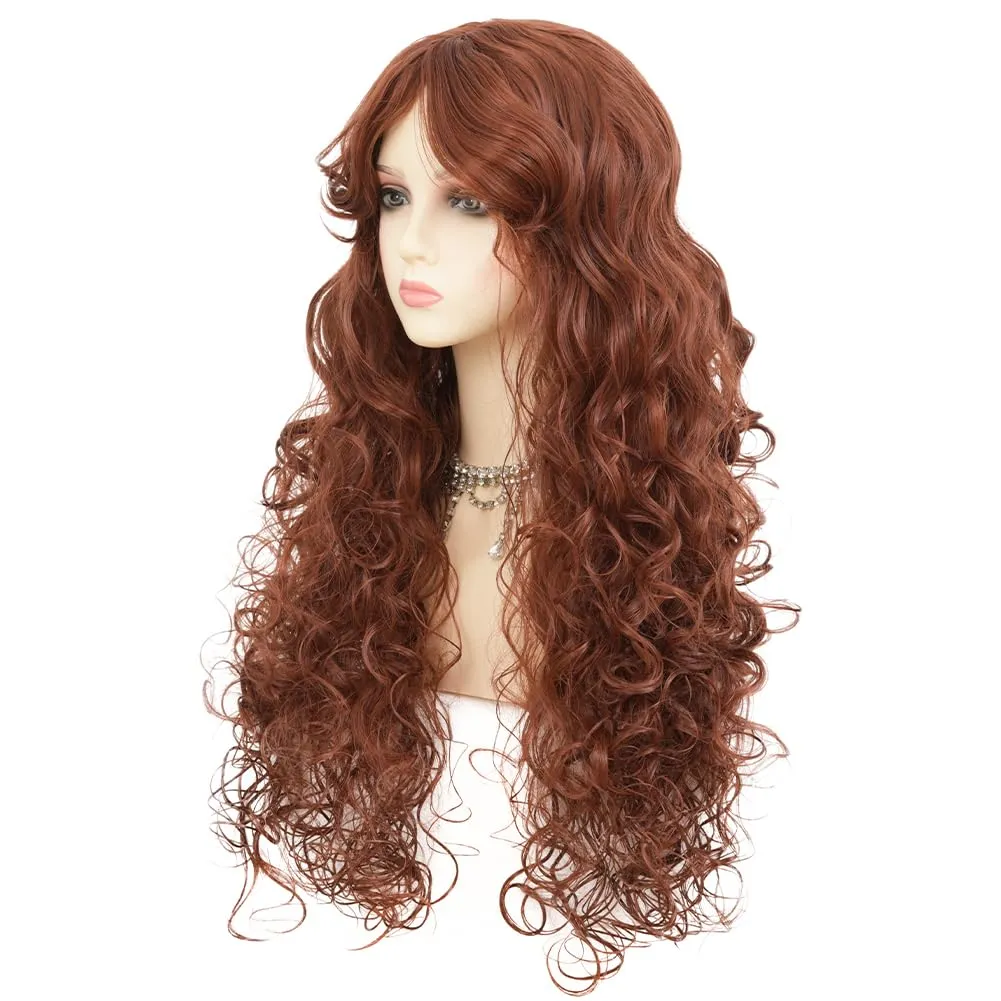 Brown Long Curly Wavy Wigs with Bangs Natural Looking Princess Synthetic Heat Resistant Fiber Women Wigs for Cosplay Daily Use