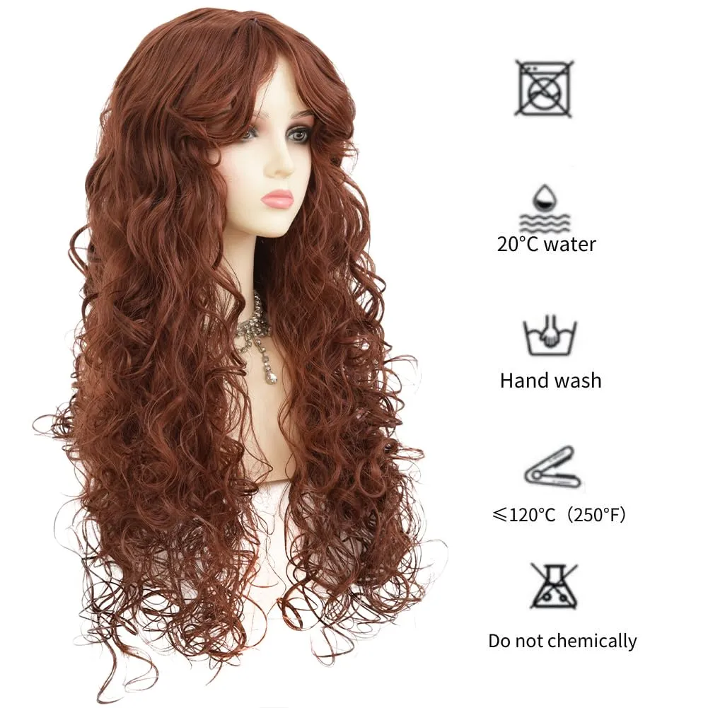 Brown Long Curly Wavy Wigs with Bangs Natural Looking Princess Synthetic Heat Resistant Fiber Women Wigs for Cosplay Daily Use