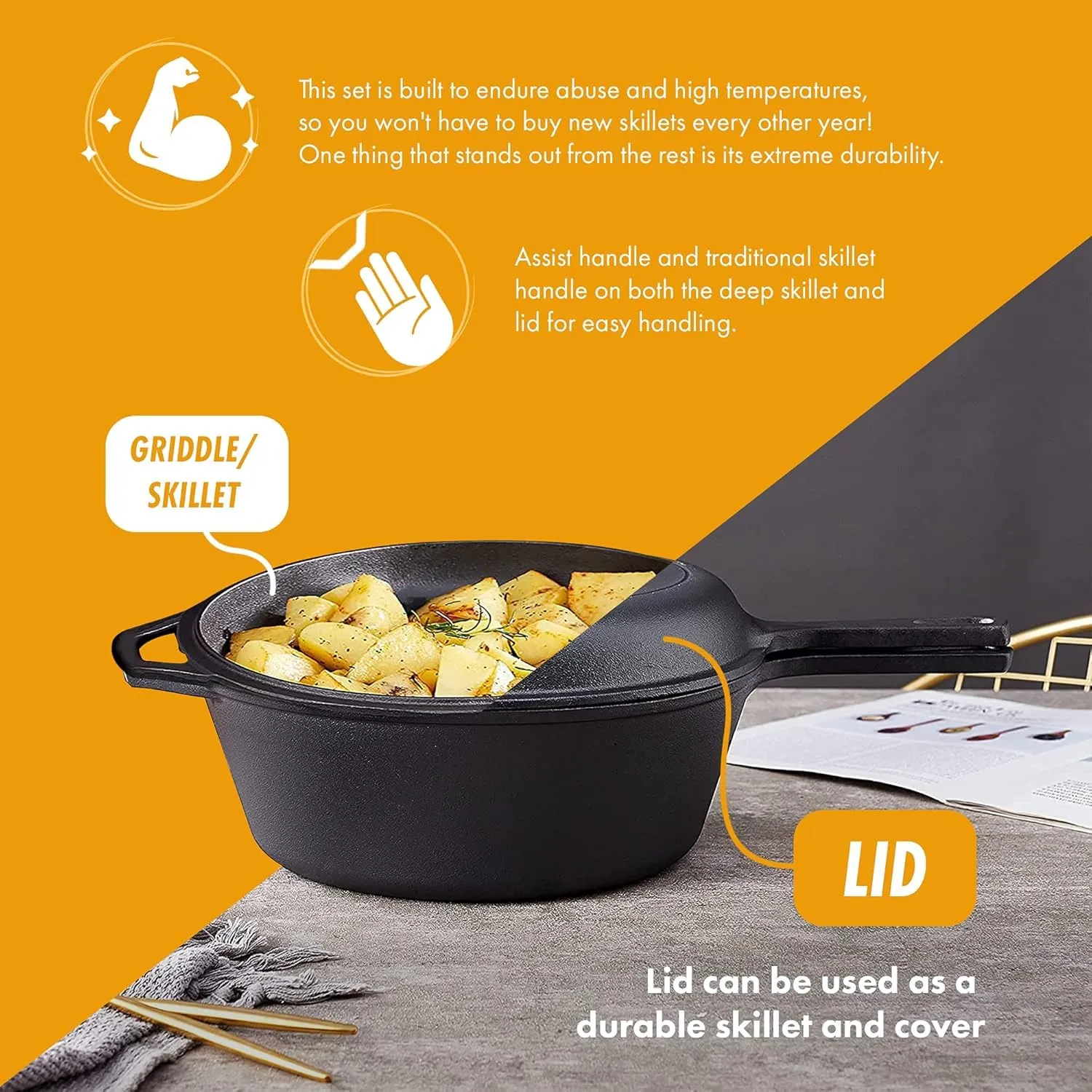 Bruntmor 2-in-1 Pre-seasoned Cast Iron Dutch Oven and Skillet Set -5 Quart Black Cookware with Handles - Dutch Oven with Lid - Enameled Cast Iron Cookware for Braising, Frying, Camping, and Indoor Use