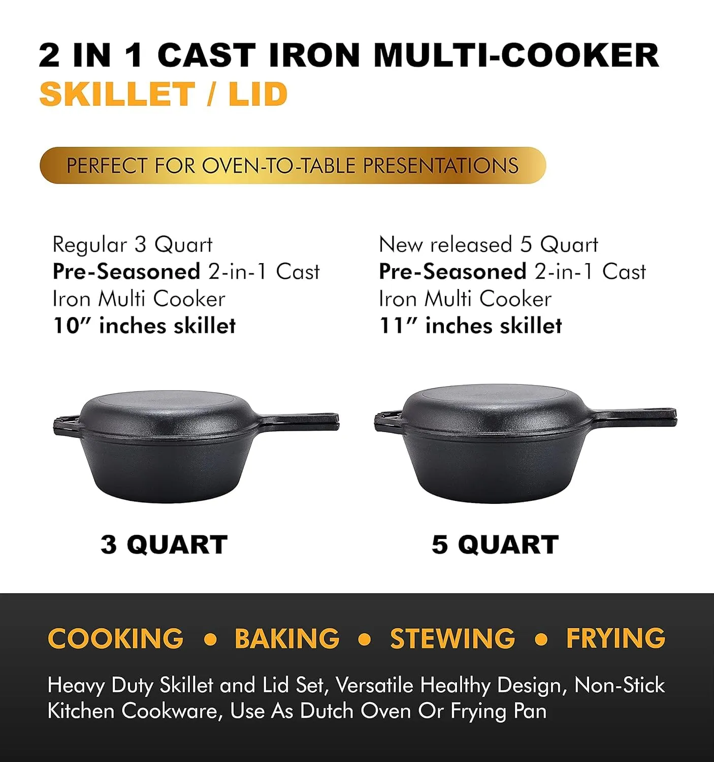 Bruntmor 2-in-1 Pre-seasoned Cast Iron Dutch Oven and Skillet Set -5 Quart Black Cookware with Handles - Dutch Oven with Lid - Enameled Cast Iron Cookware for Braising, Frying, Camping, and Indoor Use
