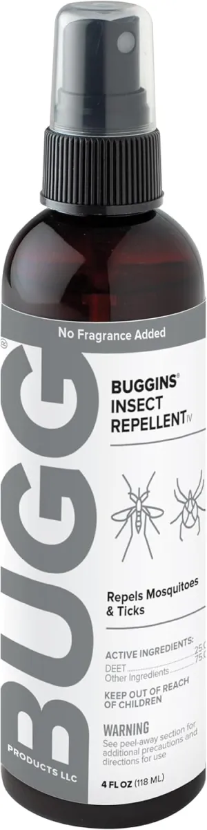 BUGGINS IV No Fragrance Added - Insect Repellent - Mosquitoes, Gnats, Ticks, and Biting Flies, 25% DEET - 4 oz Pump Spray Bottle