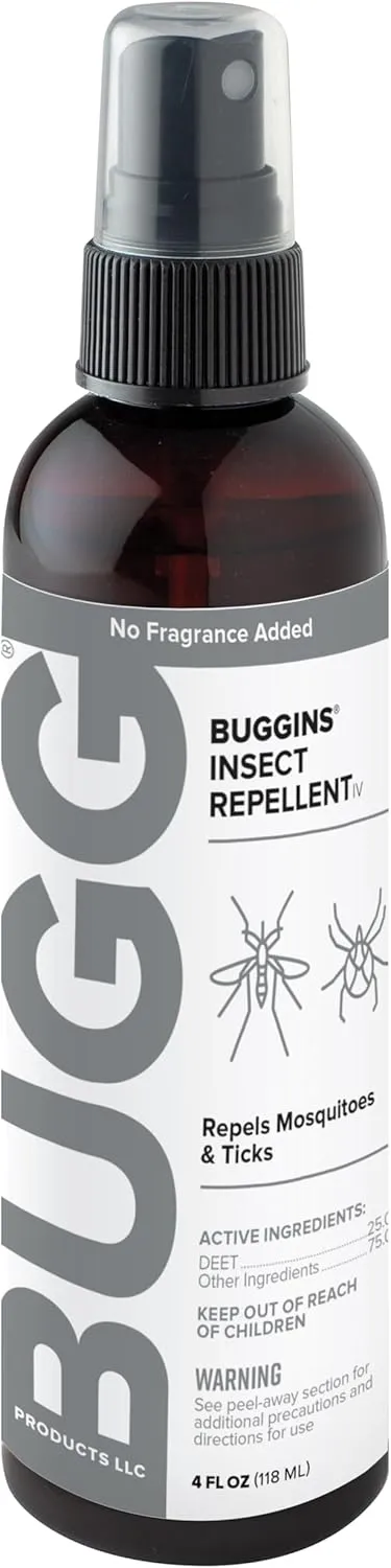 BUGGINS IV No Fragrance Added - Insect Repellent - Mosquitoes, Gnats, Ticks, and Biting Flies, 25% DEET - 4 oz Pump Spray Bottle