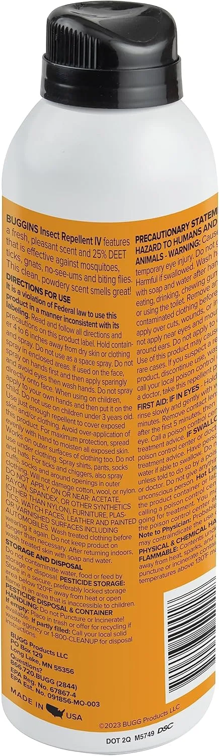 BUGGINS IV Performance - Insect Repellent - Mosquitoes, Gnats, Ticks, and Biting Flies, 25% DEET, Powdery Scent - 6 oz Continuous Spray Can