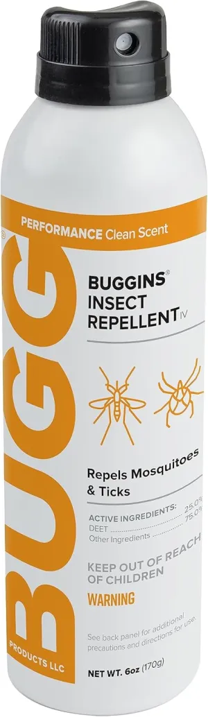 BUGGINS IV Performance - Insect Repellent - Mosquitoes, Gnats, Ticks, and Biting Flies, 25% DEET, Powdery Scent - 6 oz Continuous Spray Can
