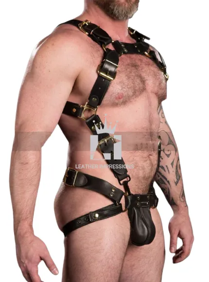 Bulldog Style Leather Bondage Harness With Jockstrap Set