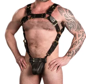 Bulldog Style Leather Bondage Harness With Jockstrap Set