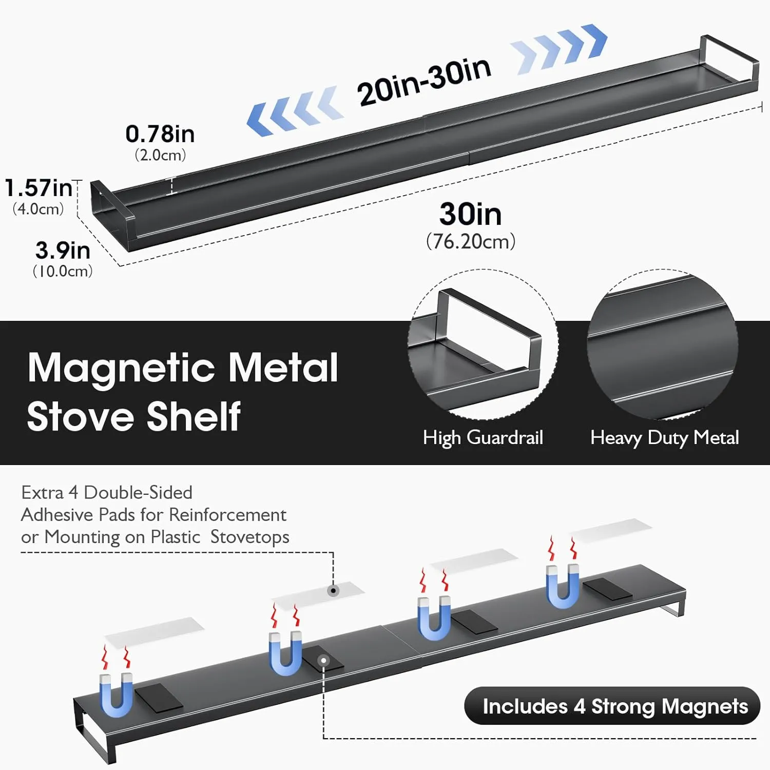 Bumusty 4X Strong Magnetic Shelf for Stove Top, 30" Adjustable Oven Shelf Spice Rack Over the Stove, Seasoning Organizer Kitchen Shelves, Matte Black