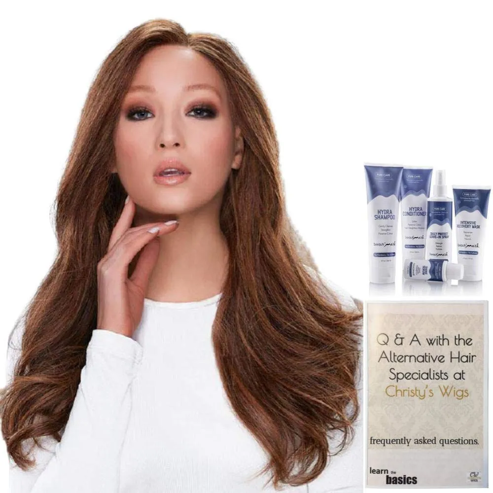 Bundle - 7 item: Blake Large Remy Human Hair Wig by Jon Renau, Christy's Wigs Q & A Booklet, BeautiMark Hydra Shampoo Conditioner Mask Protect Leave-In Spray Shine Serum - Color: 4/27/30