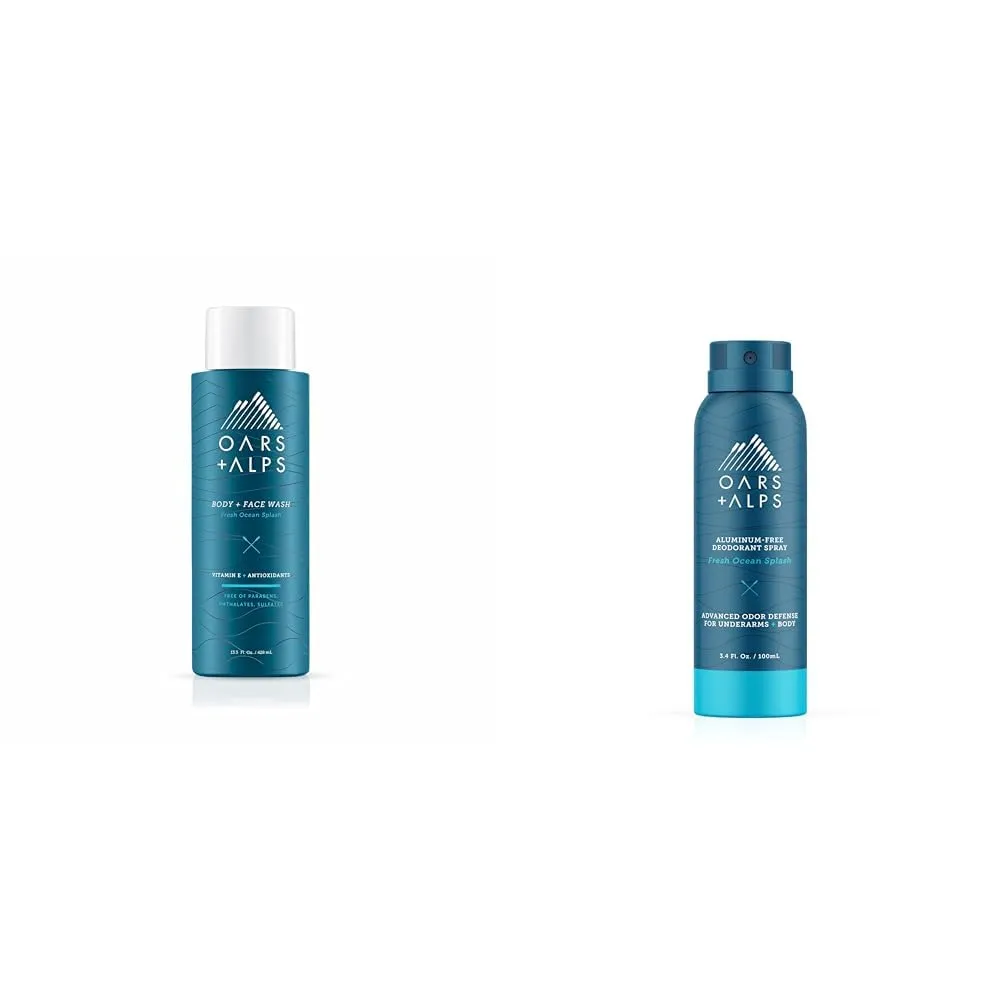 Bundle of Oars   Alps Mens Moisturizing Body and Face Wash   Oars   Alps Spray Deodorant for Men and Women, Aluminum Free Deodorant and Full Body Spray, Fresh Ocean Splash