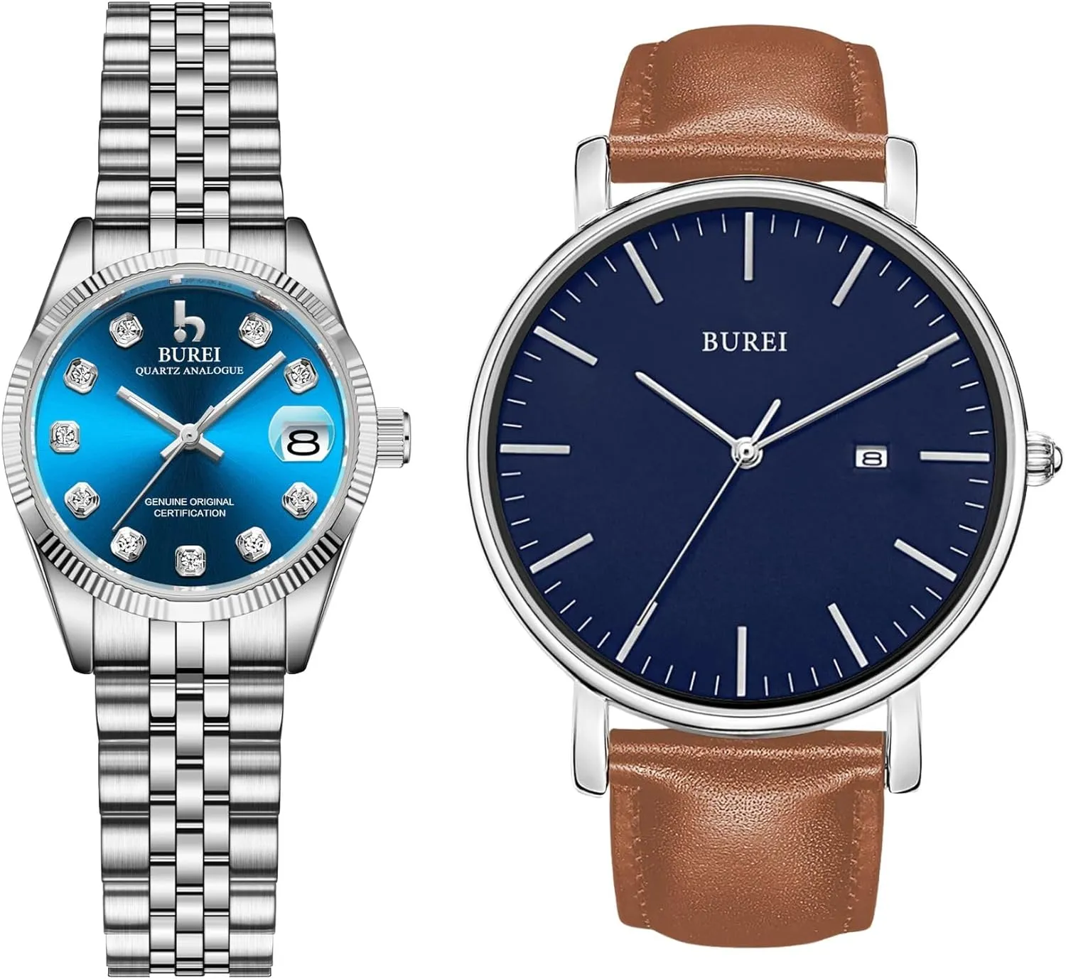 BUREI Couple Watch Business Women Watches with Day Date Analog Quartz Watch Silver Gold Stainless Steel Waterproof Bracelet Watch Small Face Diamond Casual Watch