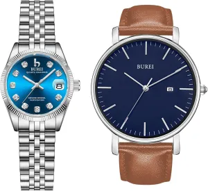 BUREI Couple Watch Business Women Watches with Day Date Analog Quartz Watch Silver Gold Stainless Steel Waterproof Bracelet Watch Small Face Diamond Casual Watch