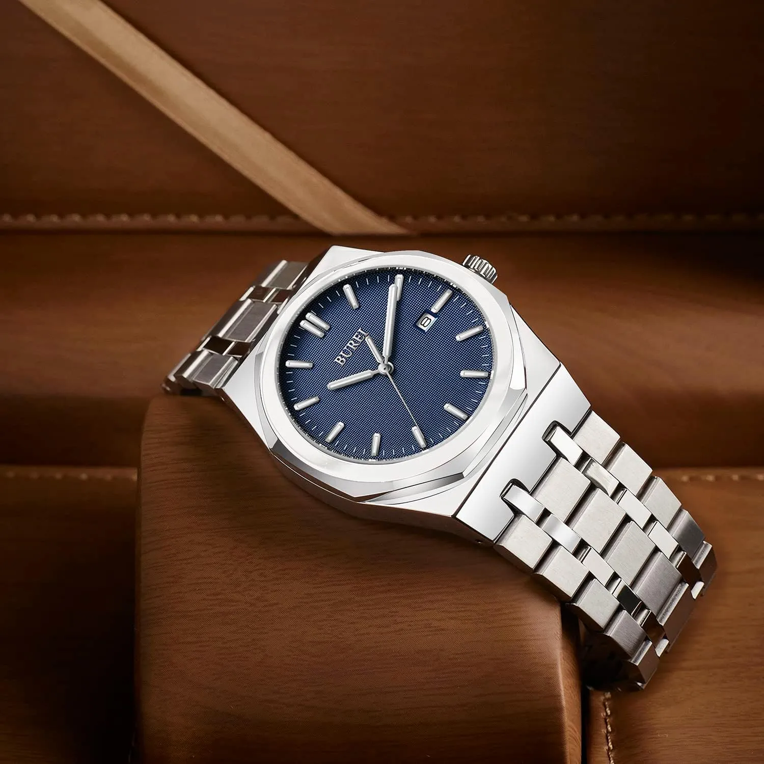 BUREI Fashion Minimalist Business Men's Wrist Watches Stainless Steel Waterproof Quartz Watch for Man