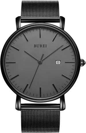 BUREI Men's Fashion Minimalist Wrist Watch All Black Waterproof Watches Simple Ultra Thin Watches Analog Quartz Date with Stainless Steel Mesh Band