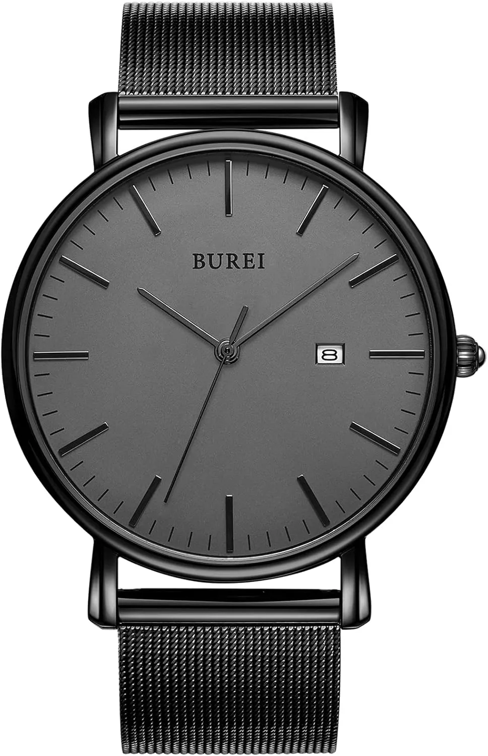 BUREI Men's Fashion Minimalist Wrist Watch All Black Waterproof Watches Simple Ultra Thin Watches Analog Quartz Date with Stainless Steel Mesh Band