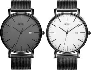 BUREI Men's Watch Ultra Thin Quartz Analog Wrist Watch Date Calendar Stainless Steel Mesh Band