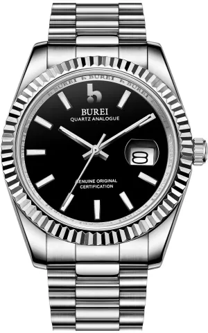 BUREI Mens Watches Luxury Analog Quartz Wristwatch Sapphire Crystal Dial with Calendar Display Stainless Steel Waterproof Watch