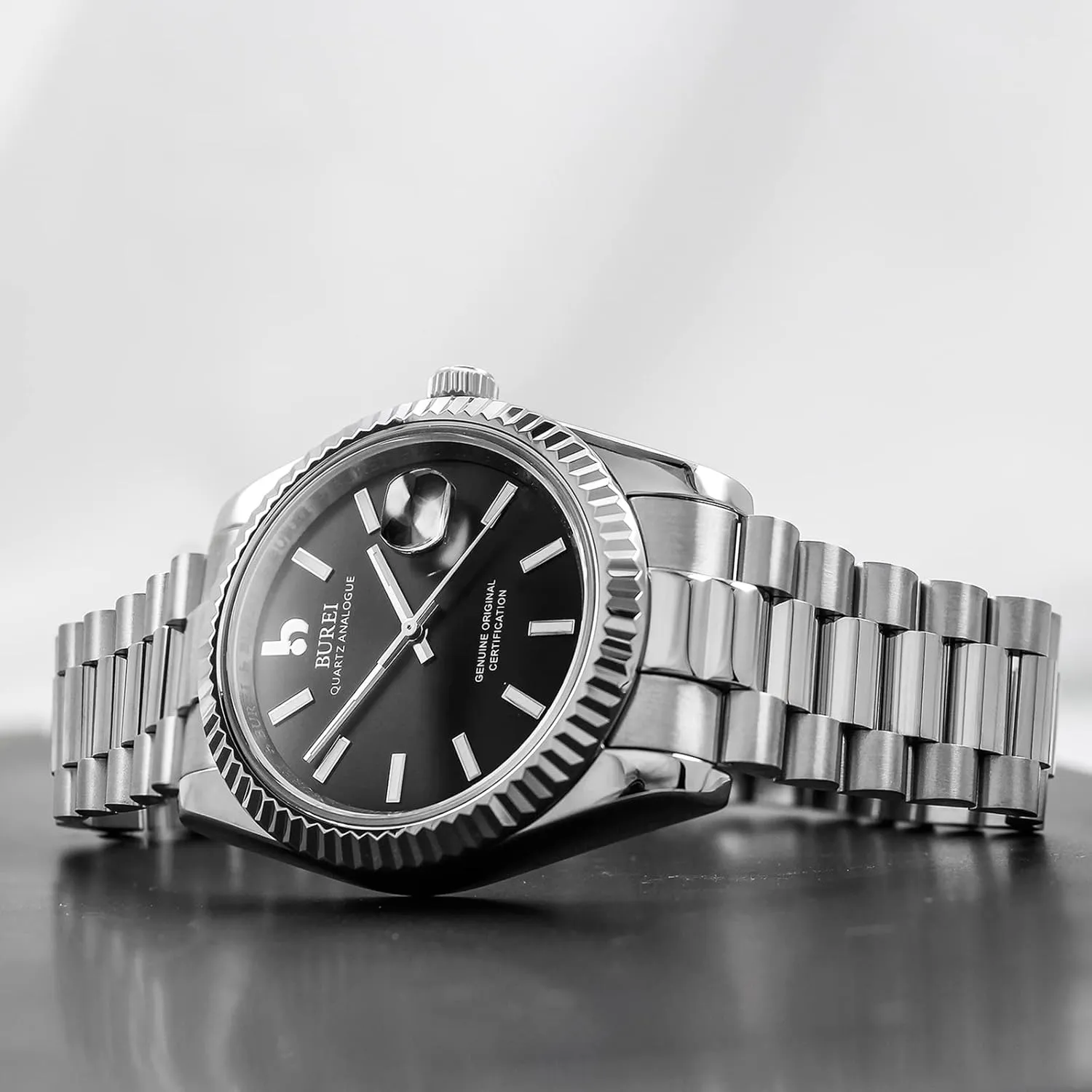 BUREI Mens Watches Luxury Analog Quartz Wristwatch Sapphire Crystal Dial with Calendar Display Stainless Steel Waterproof Watch