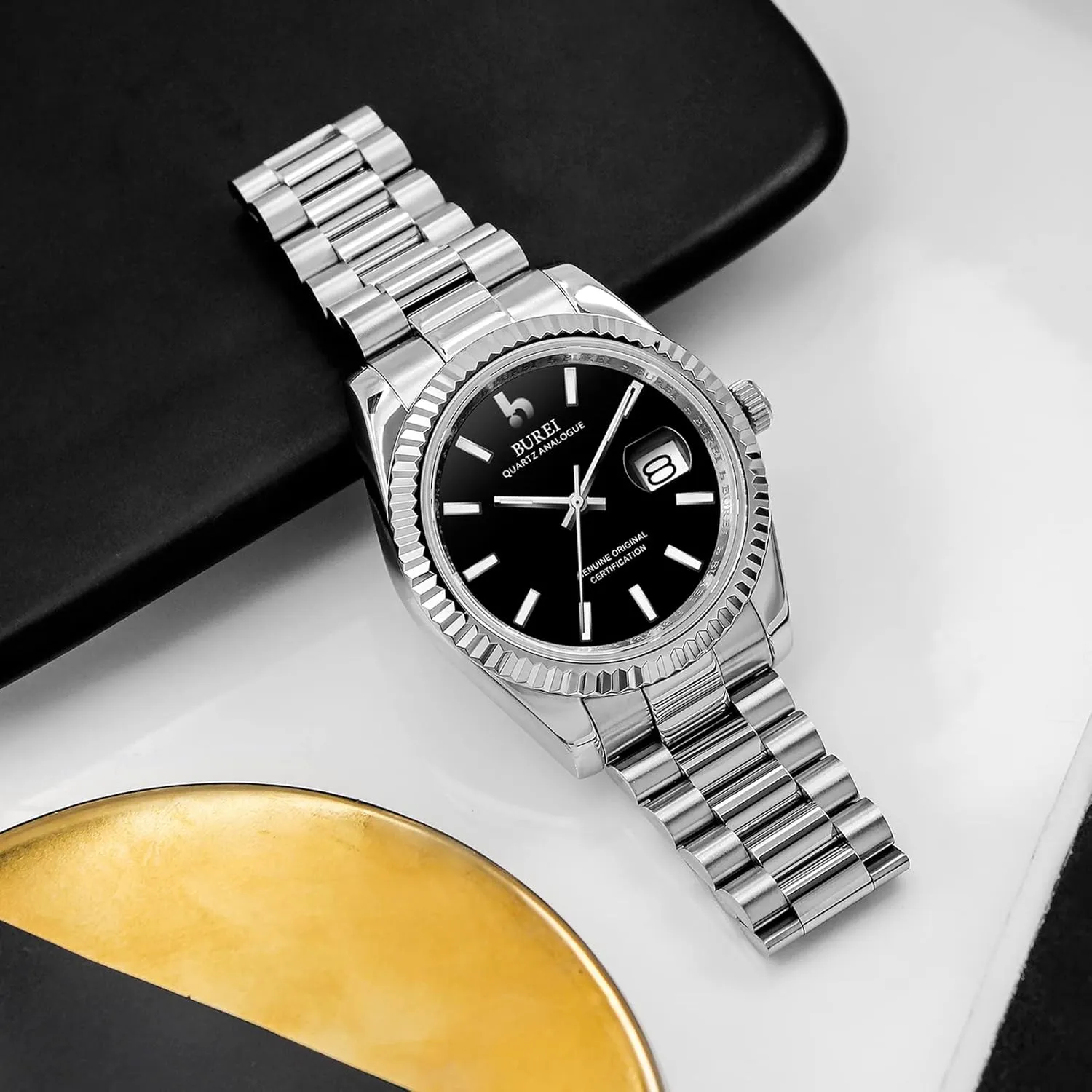 BUREI Mens Watches Luxury Analog Quartz Wristwatch Sapphire Crystal Dial with Calendar Display Stainless Steel Waterproof Watch