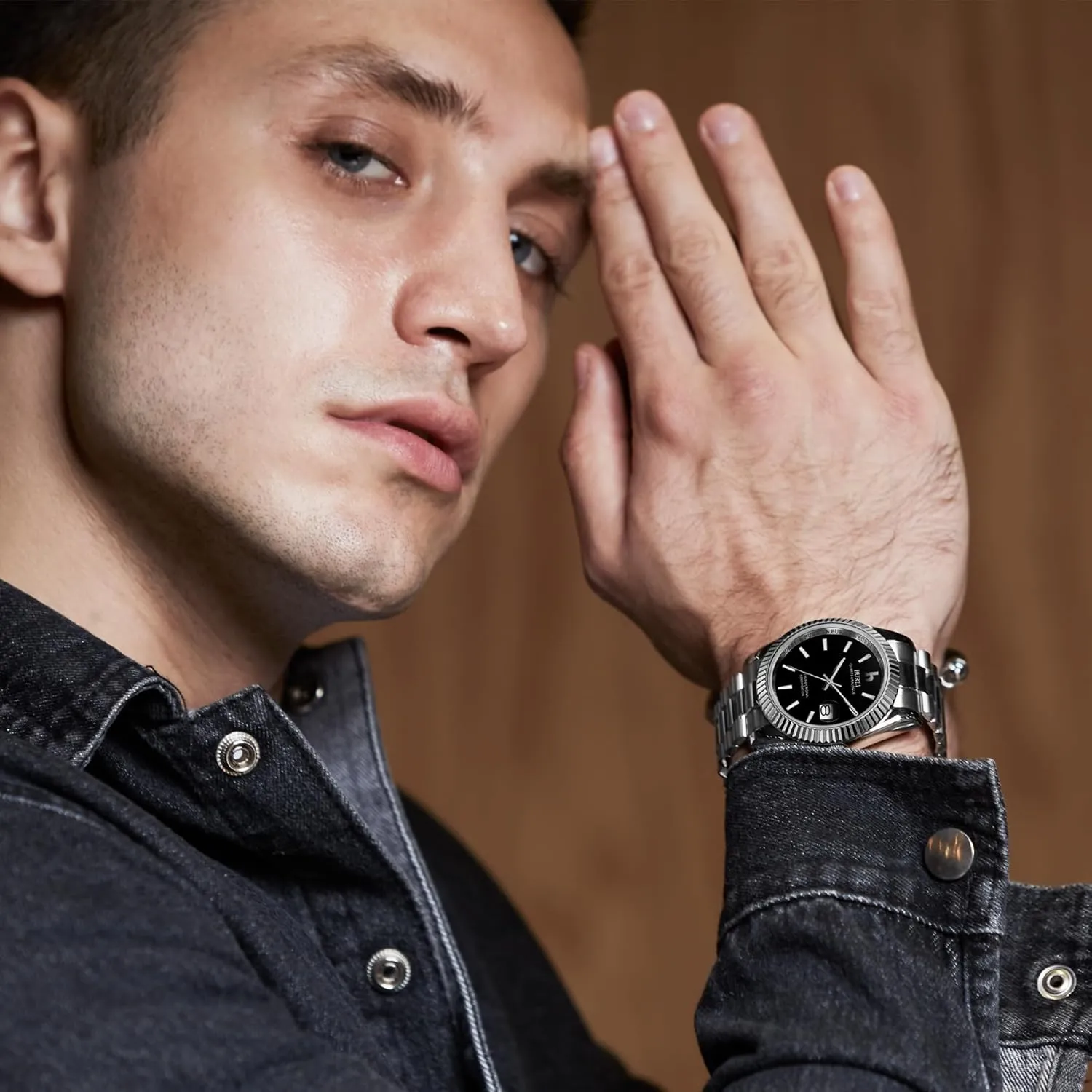 BUREI Mens Watches Luxury Analog Quartz Wristwatch Sapphire Crystal Dial with Calendar Display Stainless Steel Waterproof Watch