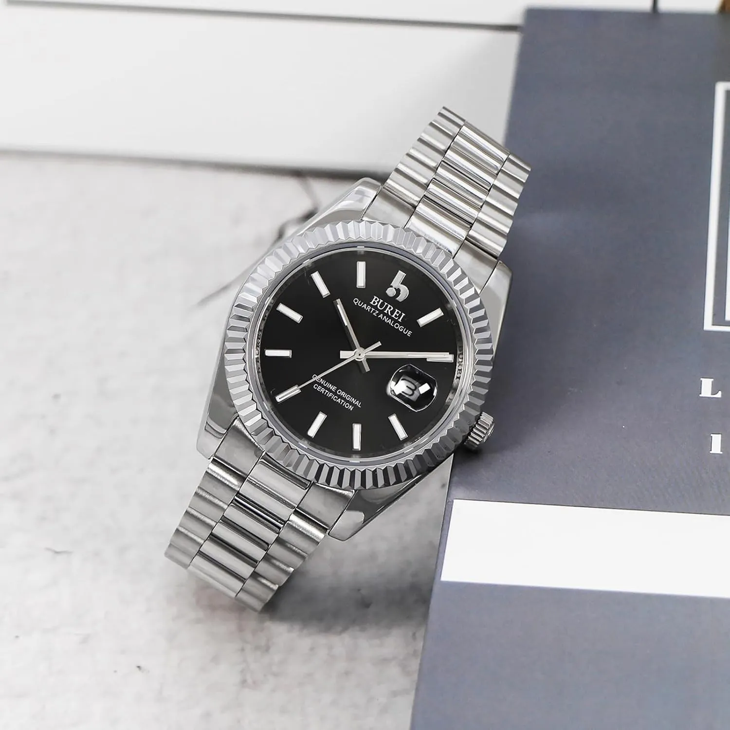 BUREI Mens Watches Luxury Analog Quartz Wristwatch Sapphire Crystal Dial with Calendar Display Stainless Steel Waterproof Watch