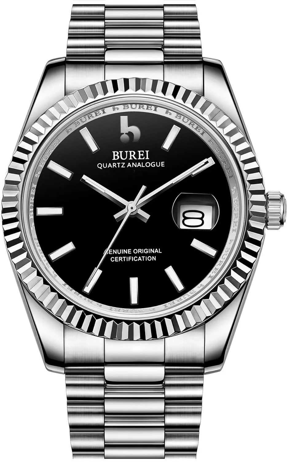 BUREI Mens Watches Luxury Analog Quartz Wristwatch Sapphire Crystal Dial with Calendar Display Stainless Steel Waterproof Watch