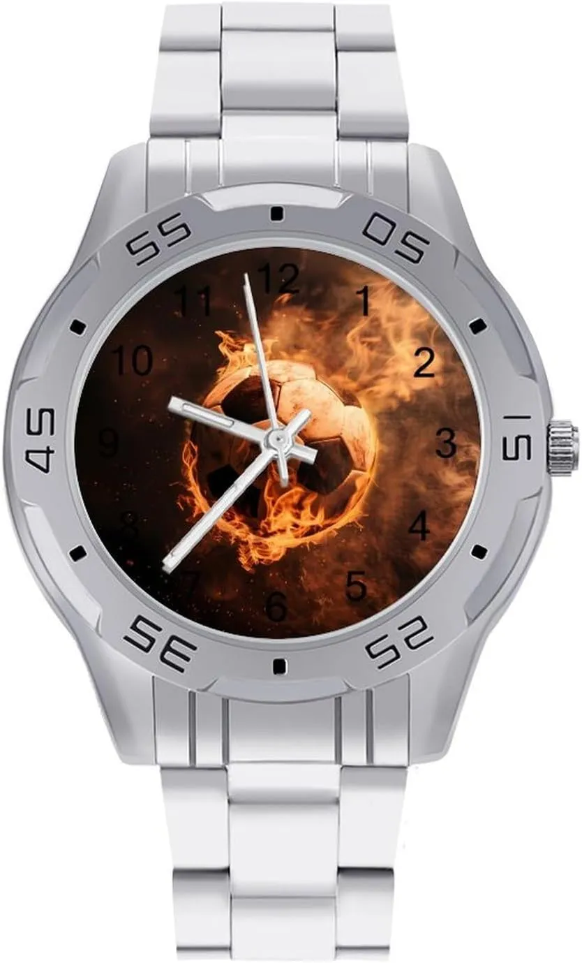 Burning Football Soccer Sport Simple Stainless Steel Band Business Watch Dress Wrist Unique Luxury Work Casual Waterproof Watches