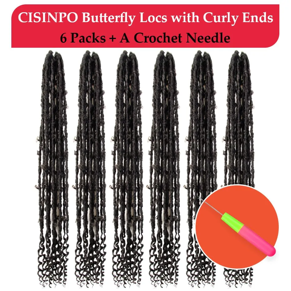 Butterfly Locs with Curly End 30 Inch, 6 Packs Boho Distressed Locs Crochet Hair, Bohemian Goddess Faux Butterfly Braids with Wavy Ends (4#, Brown)