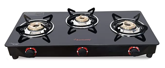 Butterfly Trio Glasstop 3 Burner Gas Stove - Black, Glass, Manual