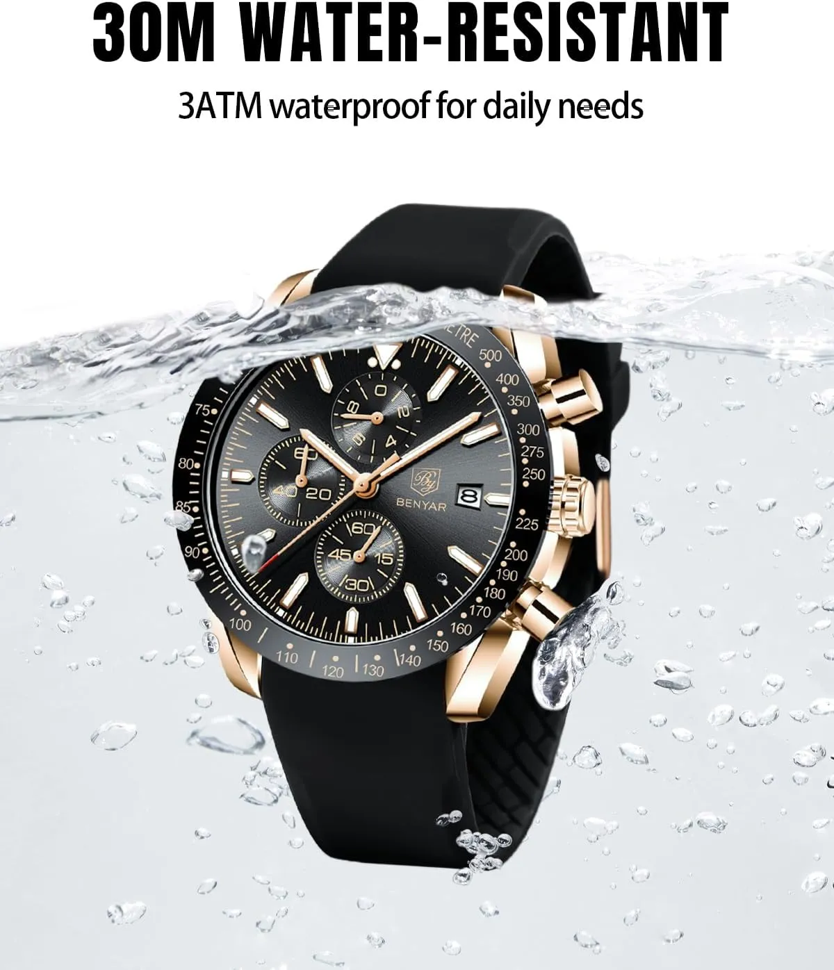 BY BENYAR Watch for Men Analog Quartz Chronograph Waterproof Luminous Designer Mens Wrist Watches Business Work Sport Casual Dress Watch with Silicone Strap Elegant Gifts for Men