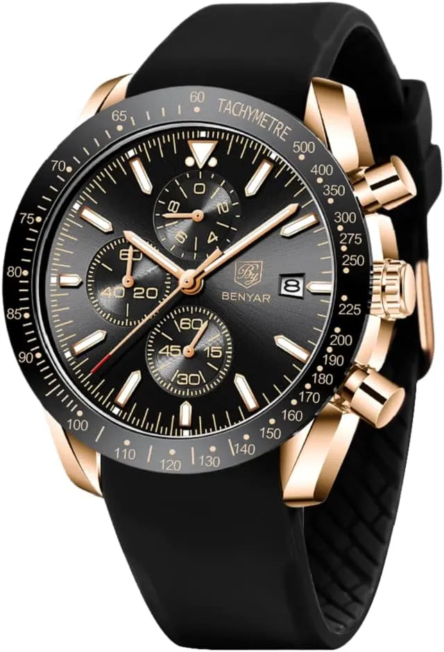 BY BENYAR Watch for Men Analog Quartz Chronograph Waterproof Luminous Designer Mens Wrist Watches Business Work Sport Casual Dress Watch with Silicone Strap Elegant Gifts for Men