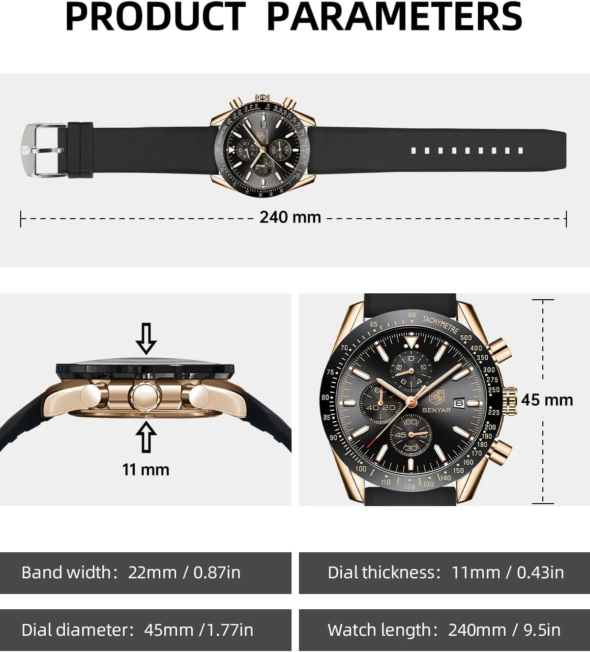 BY BENYAR Watch for Men Analog Quartz Chronograph Waterproof Luminous Designer Mens Wrist Watches Business Work Sport Casual Dress Watch with Silicone Strap Elegant Gifts for Men