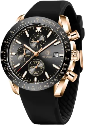 BY BENYAR Watch for Men Analog Quartz Chronograph Waterproof Luminous Designer Mens Wrist Watches Business Work Sport Casual Dress Watch with Silicone Strap Elegant Gifts for Men