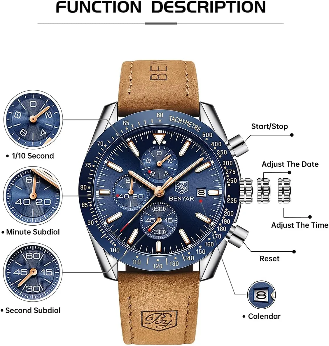 BY BENYAR Watch for Men Analog Quartz Chronograph Waterproof Luminous Designer Mens Wrist Watches Business Work Sport Casual Dress Watch with Silicone Strap Elegant Gifts for Men