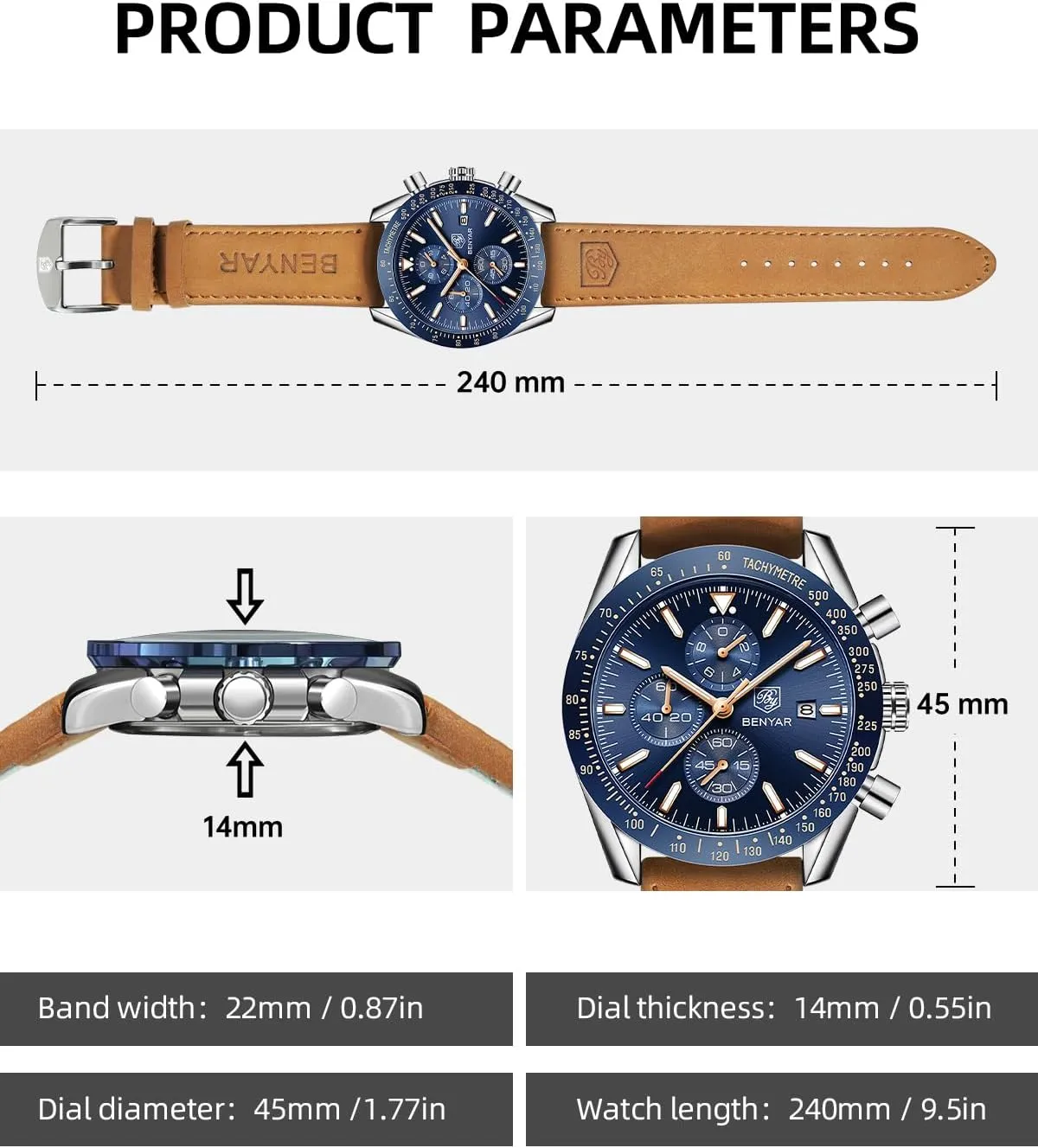 BY BENYAR Watch for Men Analog Quartz Chronograph Waterproof Luminous Designer Mens Wrist Watches Business Work Sport Casual Dress Watch with Silicone Strap Elegant Gifts for Men