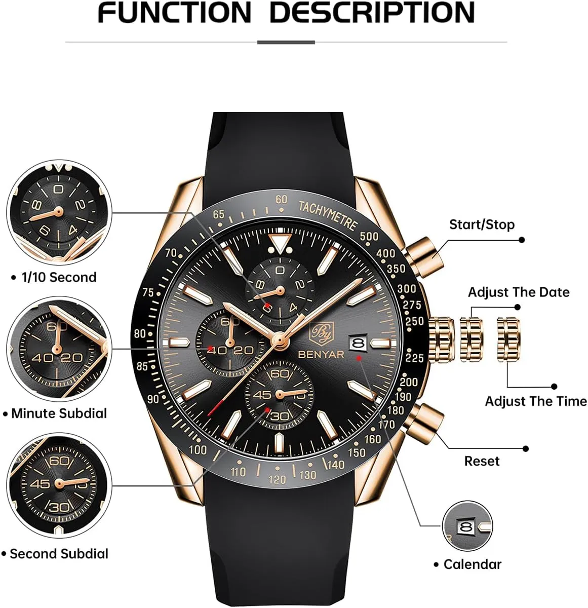 BY BENYAR Watch for Men Analog Quartz Chronograph Waterproof Luminous Designer Mens Wrist Watches Business Work Sport Casual Dress Watch with Silicone Strap Elegant Gifts for Men
