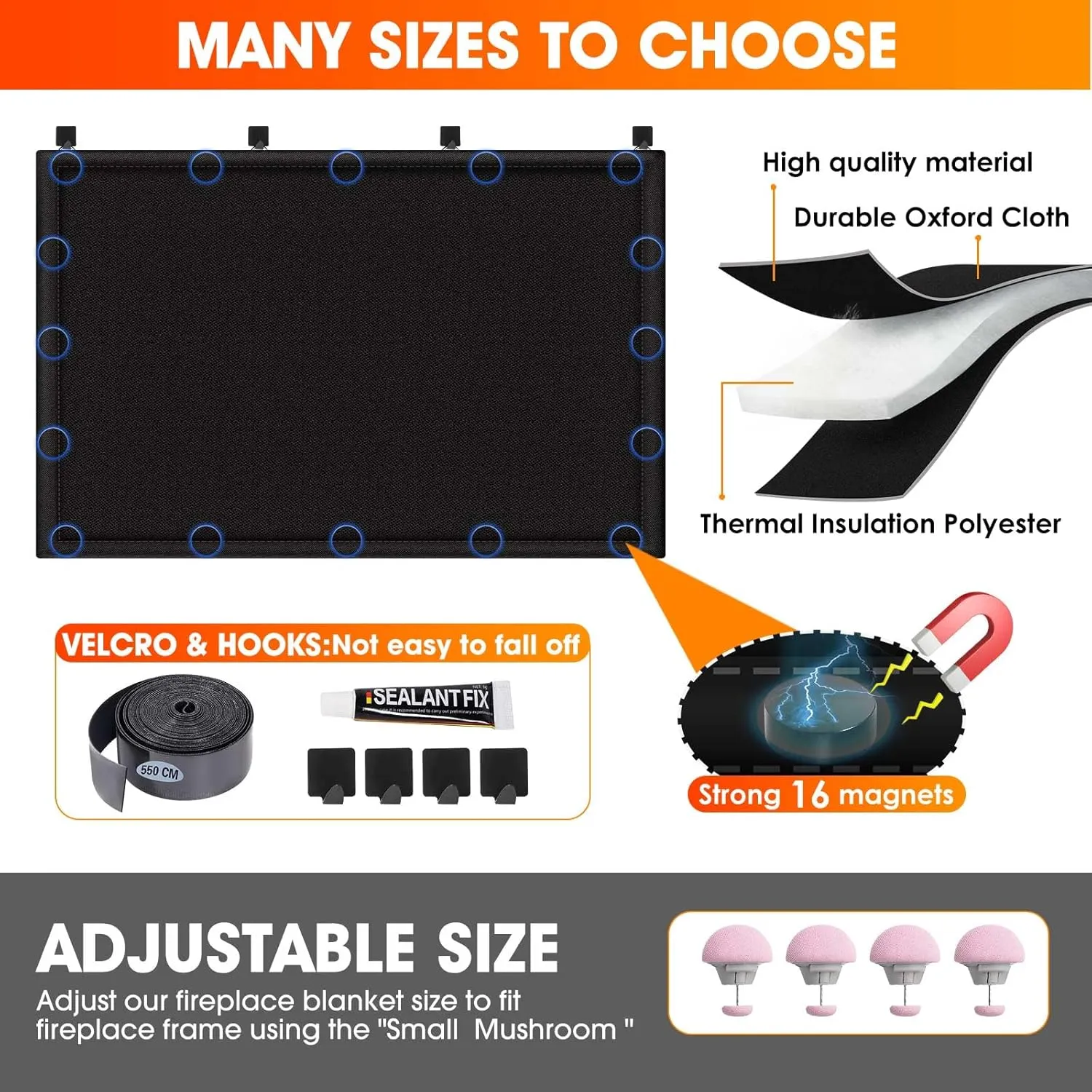 CADARA Fireplace Blocker Blanket Stops Heat Loss, Magnetic Fireplace Draft Stopper, Indoor Fire Place Draft Cover with Hook and Loop Tapes, Cold Air Blocker Save Energy, Black 39" W x 32" H