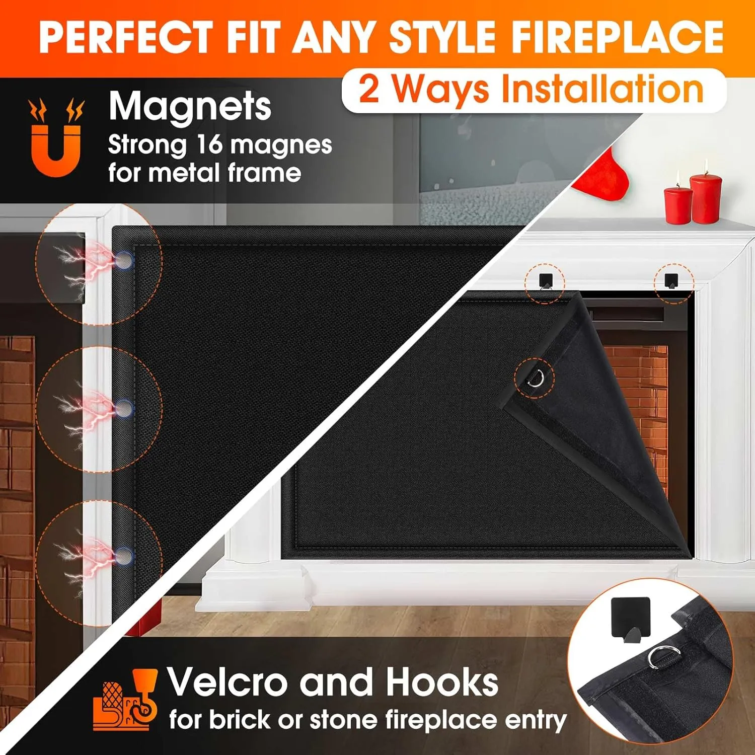 CADARA Fireplace Blocker Blanket Stops Heat Loss, Magnetic Fireplace Draft Stopper, Indoor Fire Place Draft Cover with Hook and Loop Tapes, Cold Air Blocker Save Energy, Black 39" W x 32" H