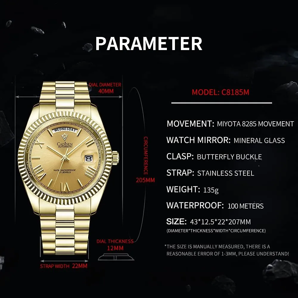 CADISEN Men Automatic Mechanical Watch Business Waterproof MIYOTA 8285 Movement Mens Wristwatch