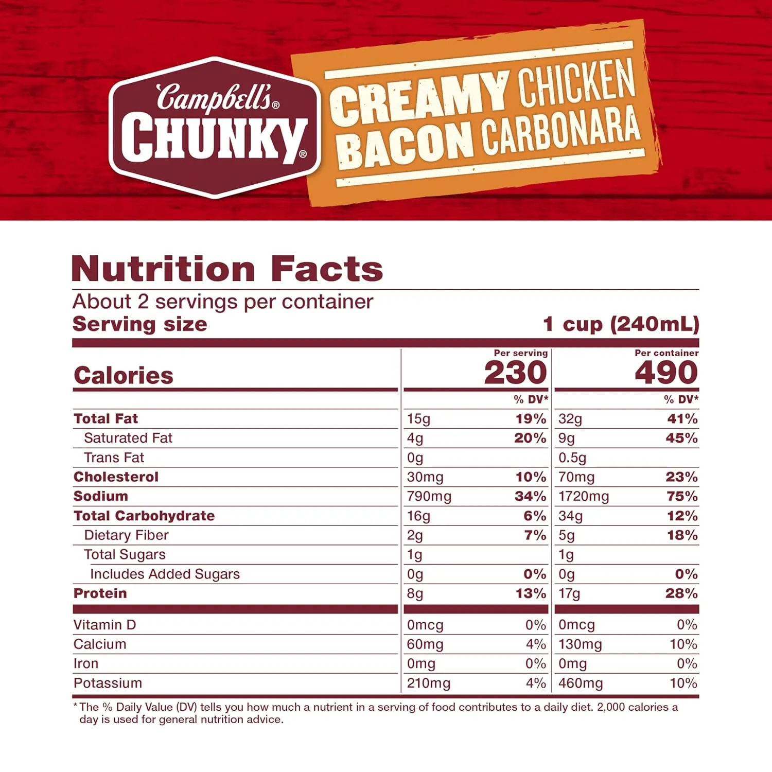 Campbell's Chunky Creamy Chicken Bacon Carbonara Soup, 18.8 oz Can (12 Pack)