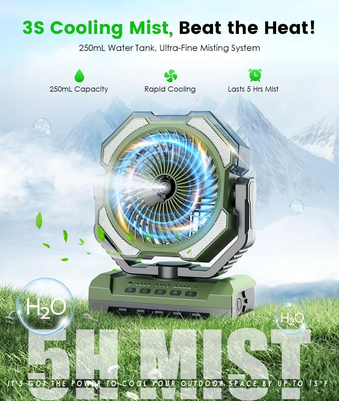 Camping Misting Fan - Portable Rechargeable Fan with 9oz Tank, Light, Hook - Battery Power 120H MAX Working, Fast Cooling, 4 Speed, Timer, Sleep Mode, for Outdoor, Travel, Patios, Beach