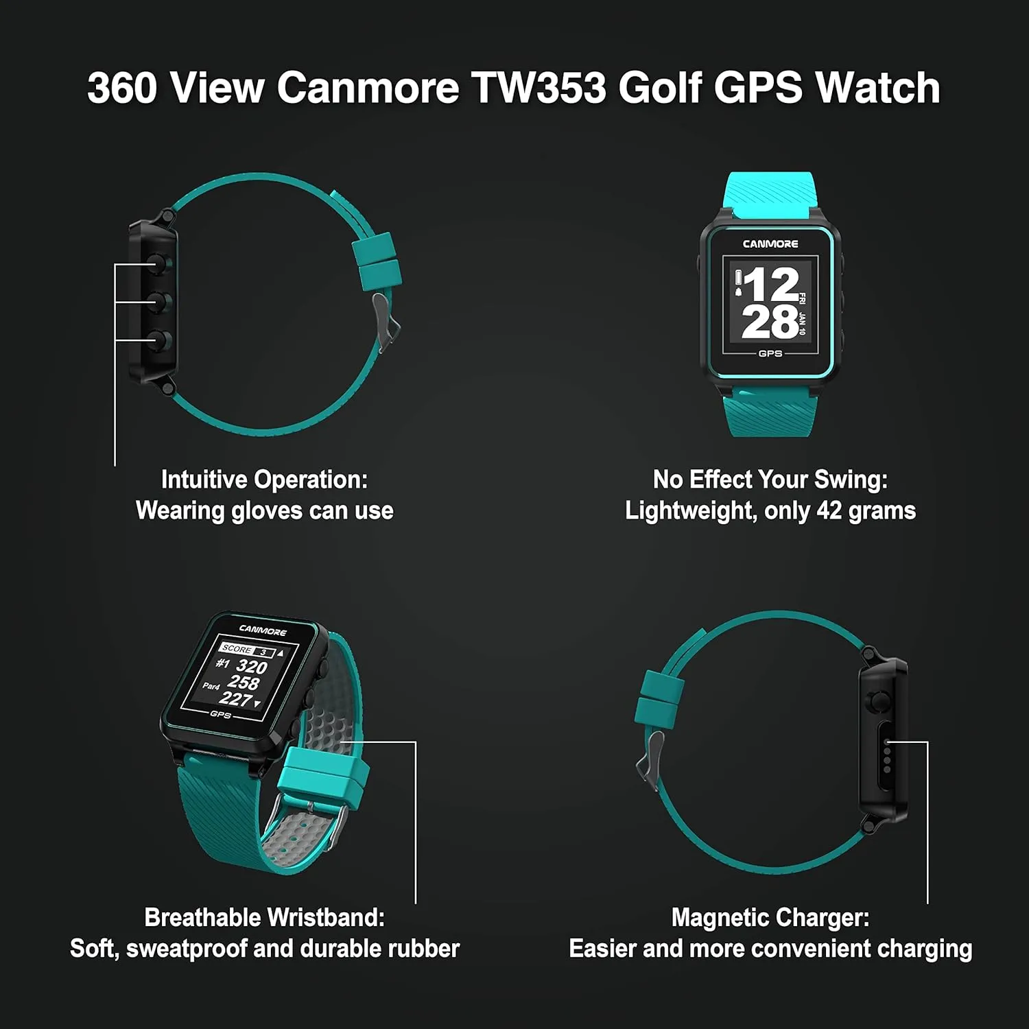 CANMORE TW353 Golf GPS Watch for Men and Women, High Contrast LCD Display, Free Update Over 41,000 Preloaded Courses Worldwide, Lightweight Essential Golf Accessory for Golfers, Black/Gray/Turquoise