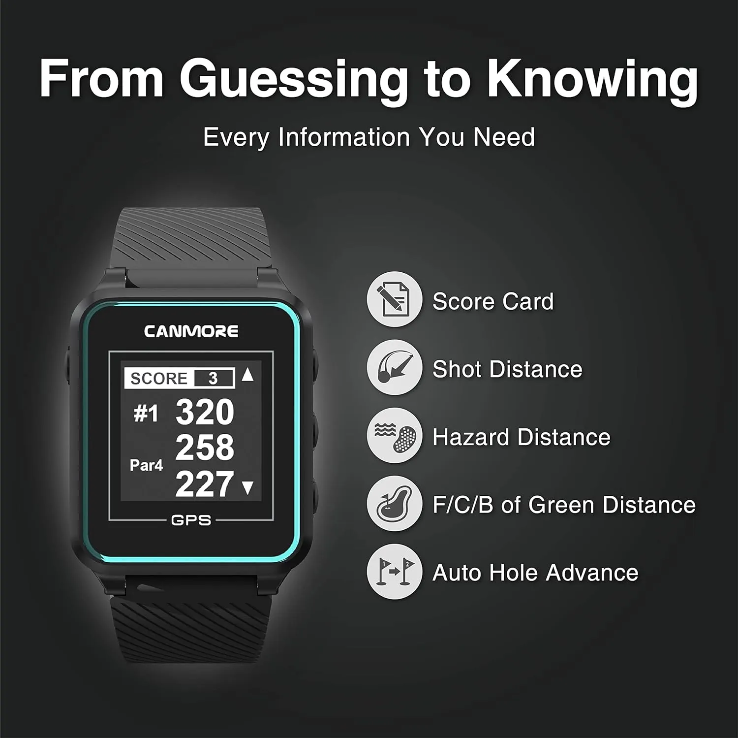 CANMORE TW353 Golf GPS Watch for Men and Women, High Contrast LCD Display, Free Update Over 41,000 Preloaded Courses Worldwide, Lightweight Essential Golf Accessory for Golfers, Black/Gray/Turquoise