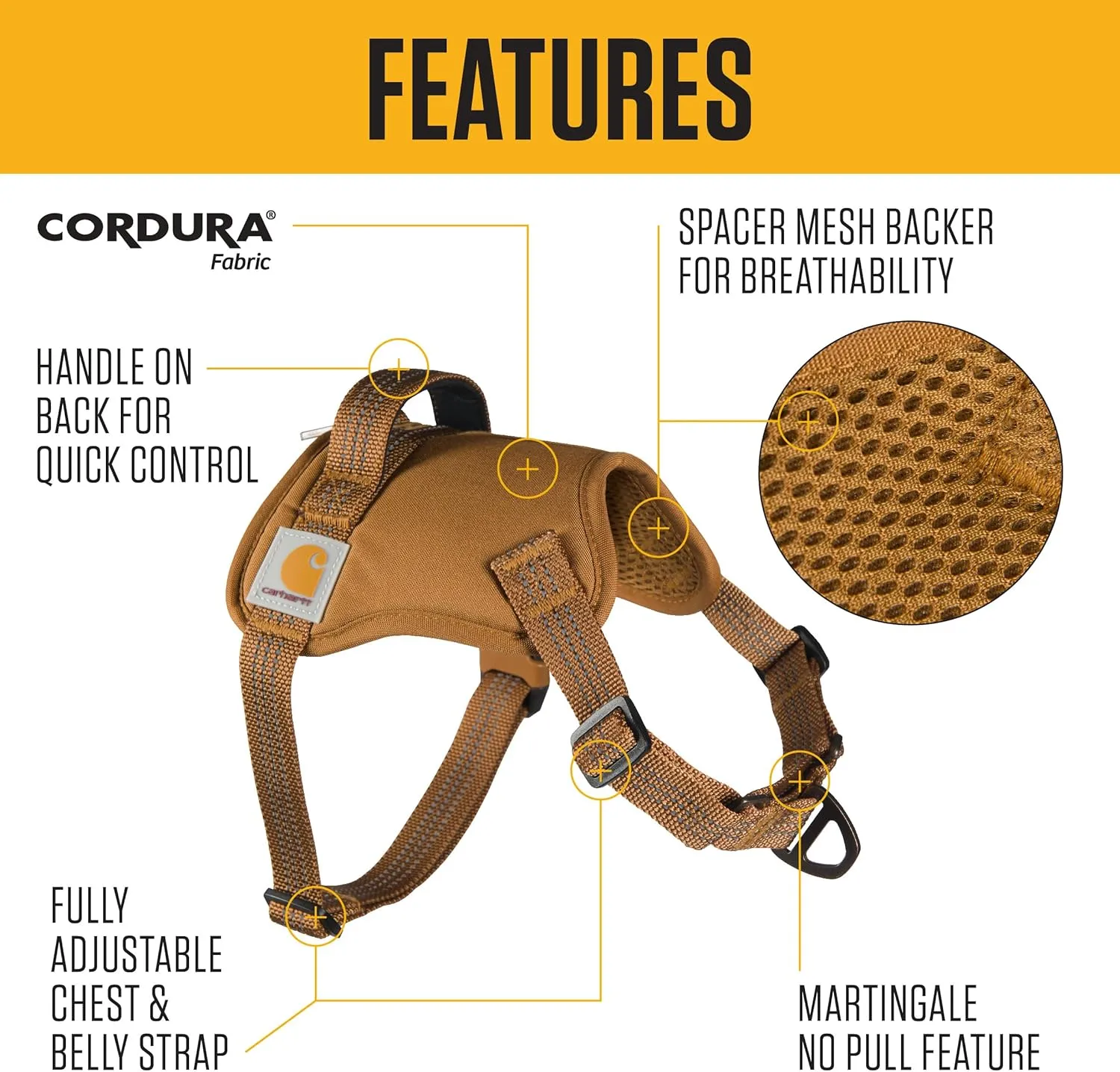 Carhartt Nylon Duck No Pull Dog Harness, Fully Adjustable Dog Harness with Quick Control Handle and Reflective Accents, Carhartt Brown, Medium