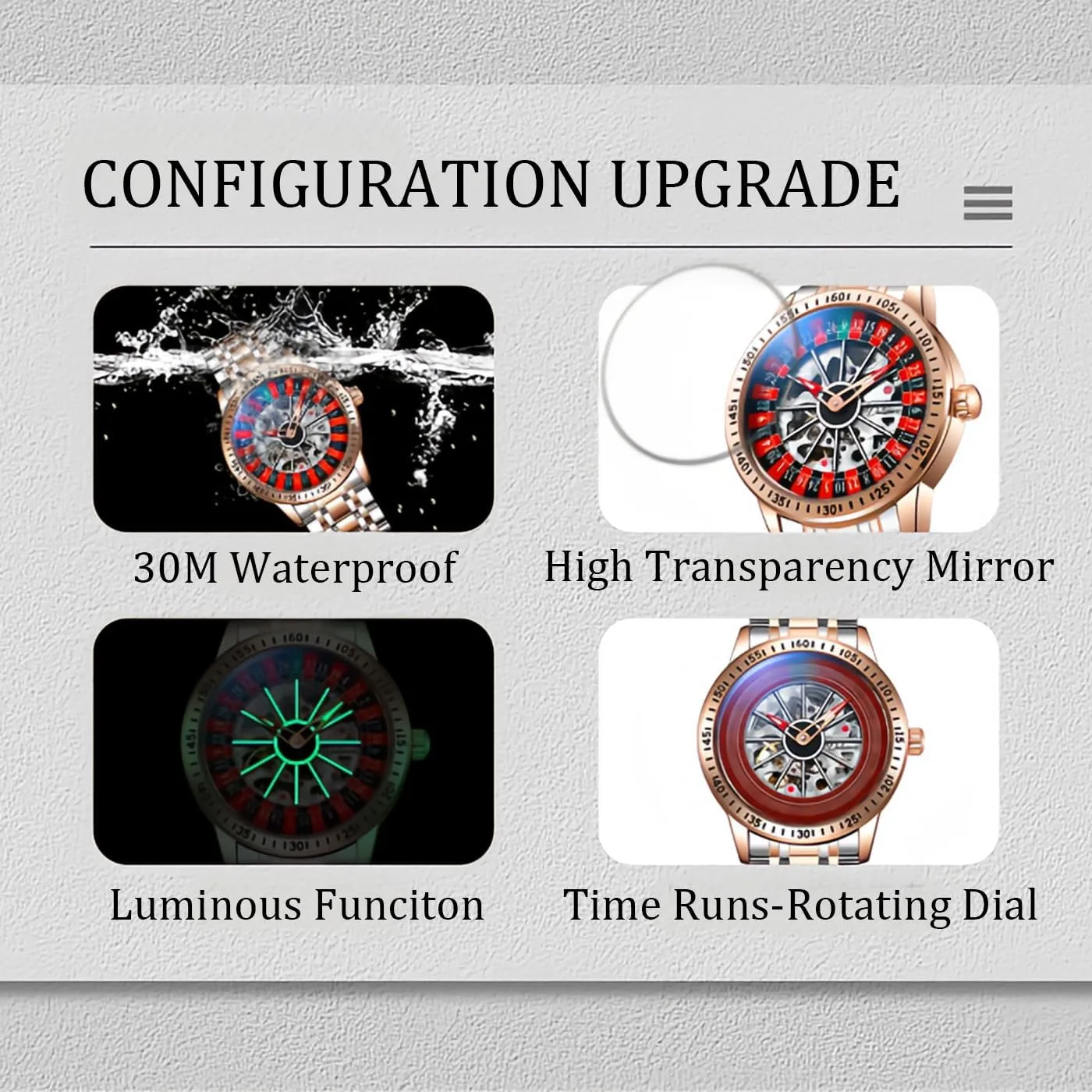CARLIEN Mens Gambling Automatic Mechanical Skeleton Hollow Waterproof Luminous Watch Stainless Steel Band Self Winding Roulette Wheel Business Casual Wristwatch