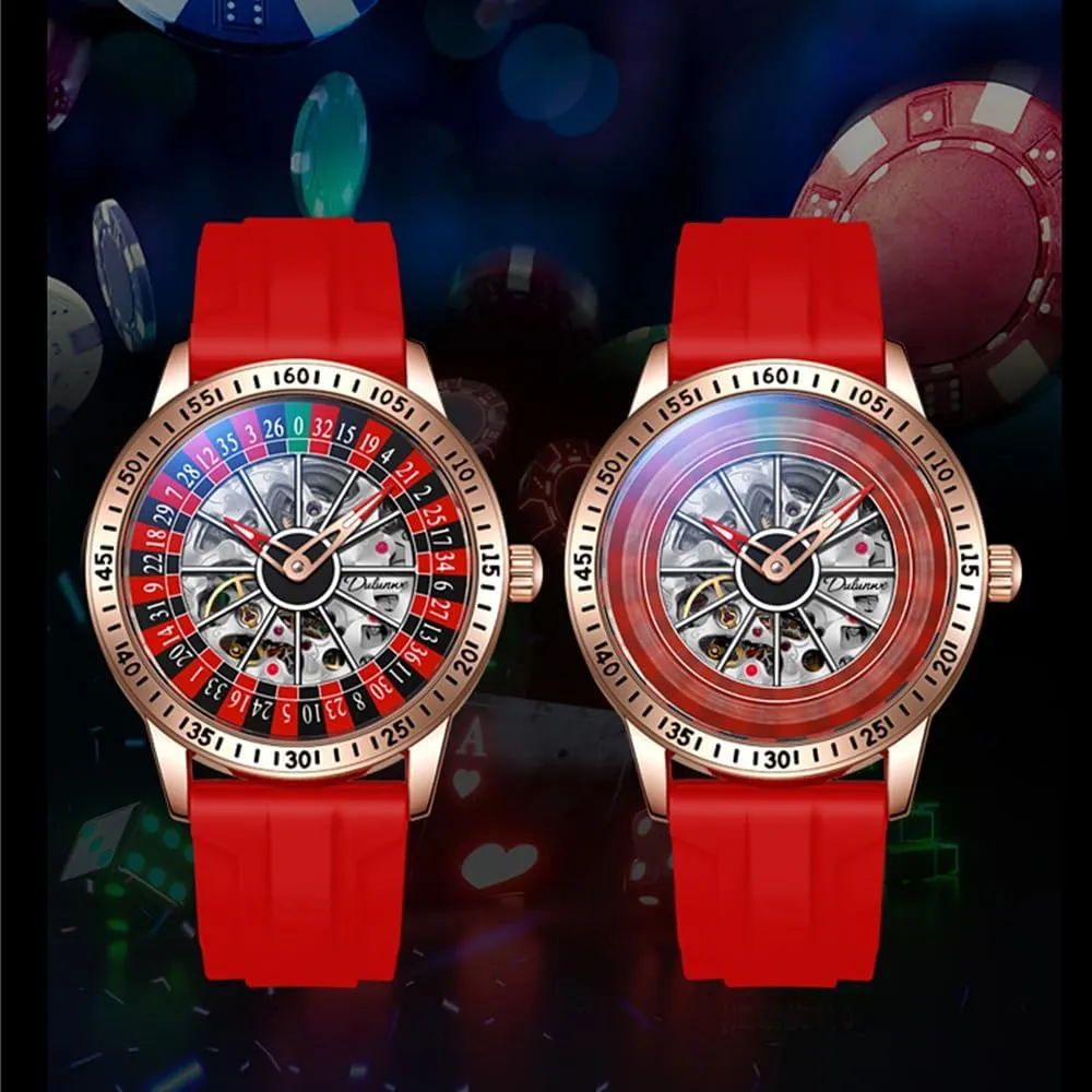 CARLIEN Mens Gambling Automatic Mechanical Skeleton Hollow Waterproof Luminous Watch Stainless Steel Band Self Winding Roulette Wheel Business Casual Wristwatch