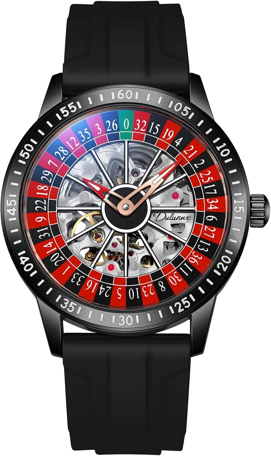 CARLIEN Mens Gambling Automatic Mechanical Skeleton Hollow Waterproof Luminous Watch Stainless Steel Band Self Winding Roulette Wheel Business Casual Wristwatch