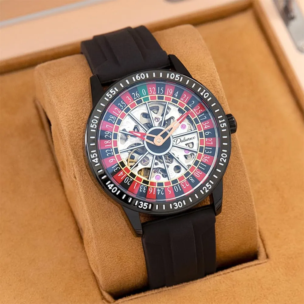 CARLIEN Mens Gambling Automatic Mechanical Skeleton Hollow Waterproof Luminous Watch Stainless Steel Band Self Winding Roulette Wheel Business Casual Wristwatch